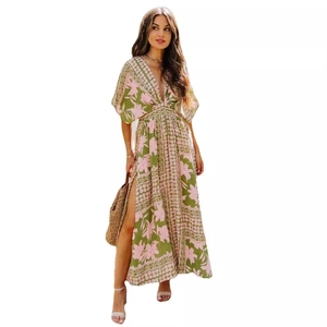 Sexy V-neck boho print maxi dress with high slit and batwing sleeves in green and pink