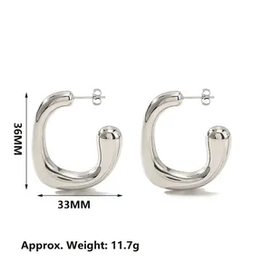 Minimalist silver G-shaped geometric hoop earrings in polished steel, 36mm x 33mm size