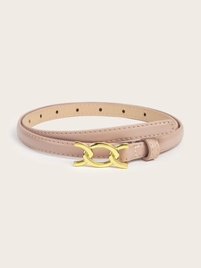 Detailed view of a slim pink faux leather belt with an interlocking gold metal buckle