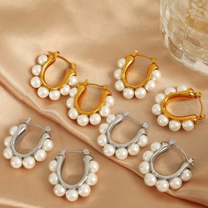 U Shaped Artificial Pearl Earrings Stainless Steel With White Artificial Pearls French Style Elegant Jewelry Gift For Women