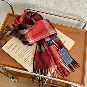 Classic British style red and brown plaid wool scarf with elegant tassel details