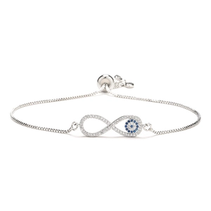 Silver infinity bracelet with zircon evil eye detail and adjustable box chain link
