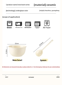 Detail of cream ceramic rice bowl and spoon set showing dimensions and dishwasher safe icons