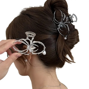 Large spider metal hair claw clip with pearl tassels and silver finish for women