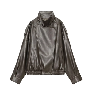 Women's faux leather biker jacket in dark brown with a stand collar and elastic cuffs