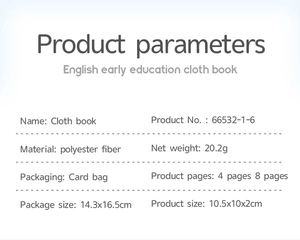 Detailed spec sheet of soft baby cloth book showing polyester material and dimensions