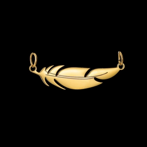 Golden stainless steel feather pendant with dual jump rings on a sleek black background