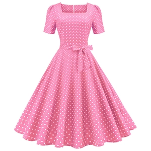 Pink vintage polka dot dress with square neck and waist tie ribbon in midi length