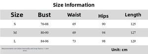 Size chart table for deep V-neck halter maxi dress with measurements in centimeters
