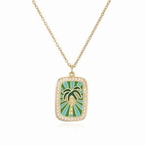 Gold palm tree tarot necklace with colorful enamel inlay and sparkling clear crystals