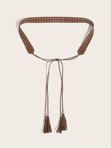 Close-up of brown PU leather belt featuring oval hollow patterns and stylish tassels