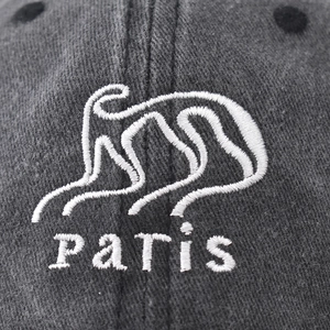 Distressed dark gray washed cotton baseball cap with white Paris embroidery detail