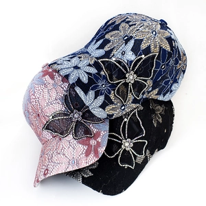 Three colors of lace flower baseball caps featuring sparkling rhinestone butterfly details
