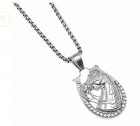 Macro shot of silver hip-hop necklace with horseshoe and horse head pendant