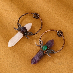 Vintage bronze pendant with natural amethyst crystal and green chalcedony hexagon column