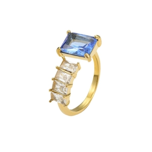 Luxurious gold stainless steel ring with square blue gemstone and white zircon accents