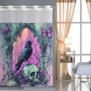 Detail of gothic raven and skull pattern on waterproof waffle shower curtain
