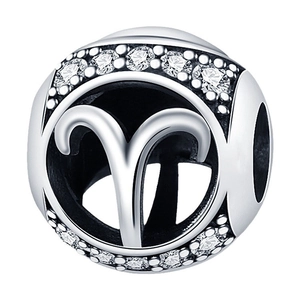 Polished silver Aries constellation charm bead with sparkling zircon stones for DIY jewelry