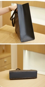 Detailed side and bottom view of tote bag with brown pattern and black faux leather