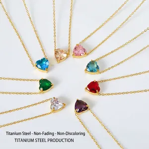 18k gold plated titanium steel heart crystal necklaces in eight vibrant colors