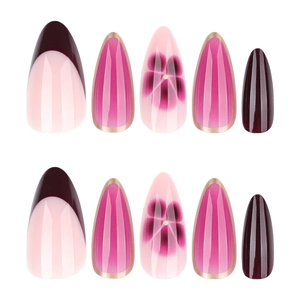 Almond press-on nails with floral patterns, French tips and gold edges in pink and purple