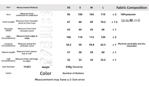 Size chart for women's blazer and shorts set with detailed measurements in centimeters
