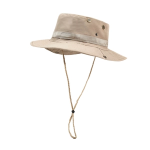 Men's khaki canvas fishing hat with adjustable chin strap and breathable vents