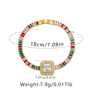 Detail view of colorful zircon bracelet with 18cm length and square pendant dimensions