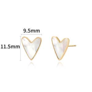Detailed view of heart-shaped white shell earrings in gold with size dimensions