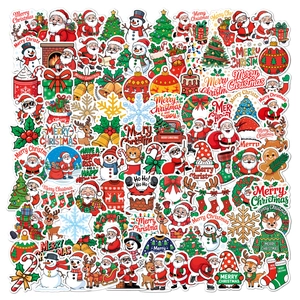 Vibrant Christmas vinyl stickers pack with festive Santa and reindeer cartoon designs