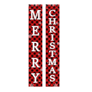 Christmas porch banners with red and black plaid pattern and Merry Christmas white letters