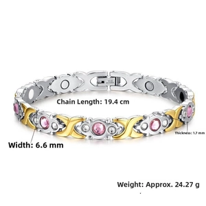 Detail of two-tone magnetic link bracelet with pink crystals and internal magnets