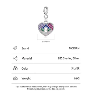 925 Sterling Silver heart pendant with colored stones and keyhole cutout, 9x10.5mm size