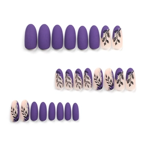 Deep purple oval press-on nails set with elegant black leaf patterns and silver glitter