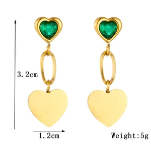 Elegant gold heart earrings with green crystals and measurements, 3.2cm length
