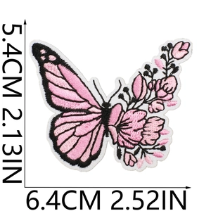 Detailed size view of pink butterfly and flower embroidery patch with dimension scales