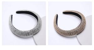 Detail of silver and champagne gold velvet headbands with sparkling glass rhinestones