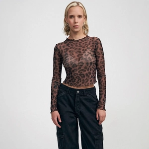 T-Shirt In Mesh Trasparente Da Donna A Maniche Lunghe Aderente Stampa Leopardata Cuore Camouflage Top Sexy Trendy