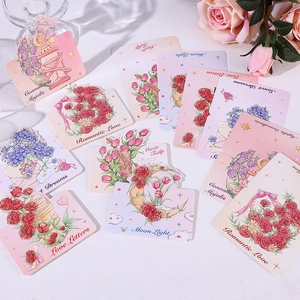 Detailed view of floral greeting cards with Romantic Love and Tulip illustrations