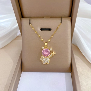 Bear Pendant Necklace With Stainless Steel Chain And Micro Inlaid Pink Zircon Copper Star Jewelry Sweet Gift For Women