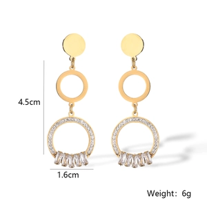 Detailed view of gold plated earrings showing dimensions 4.5cm length and zircon crystals