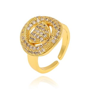 Detailed macro view of a gold open ring with micro-pave cubic zirconia gemstones