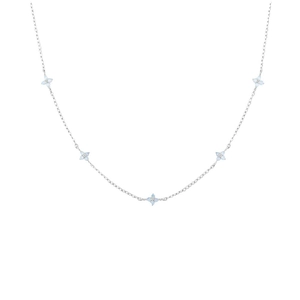 Silver necklace with five light blue four-petal flower pendants in a minimalist style