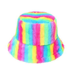 Chapeau Bob En Fausse Fourrure De Lapin À Rayures Arc-en-ciel Peluche Chaud Coupe-vent Hiver Extérieur Mode Femme Homme
