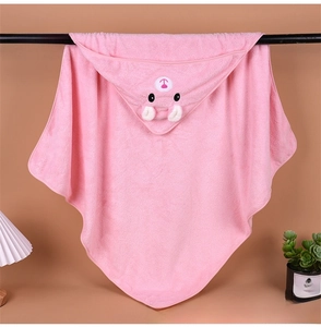 Pink coral fleece hooded baby towel with cute animal embroidery and soft plush texture