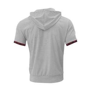 Rear view of light gray hooded t-shirt in waffle fabric with red-black plaid cuff detail