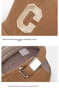 Detailed views of chenille letter C embroidery and adjustable metal buckle on baseball cap