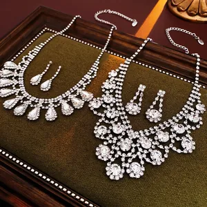 Elegant geometric teardrop tassel necklaces with sparkling diamond rhinestone jewelry sets