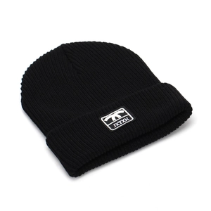 Black ribbed knit beanie for women with embroidered logo patch and folded cuff edge