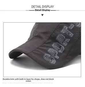 Detail of breathable mesh fabric and sturdy brim on a dark grey sports flat cap